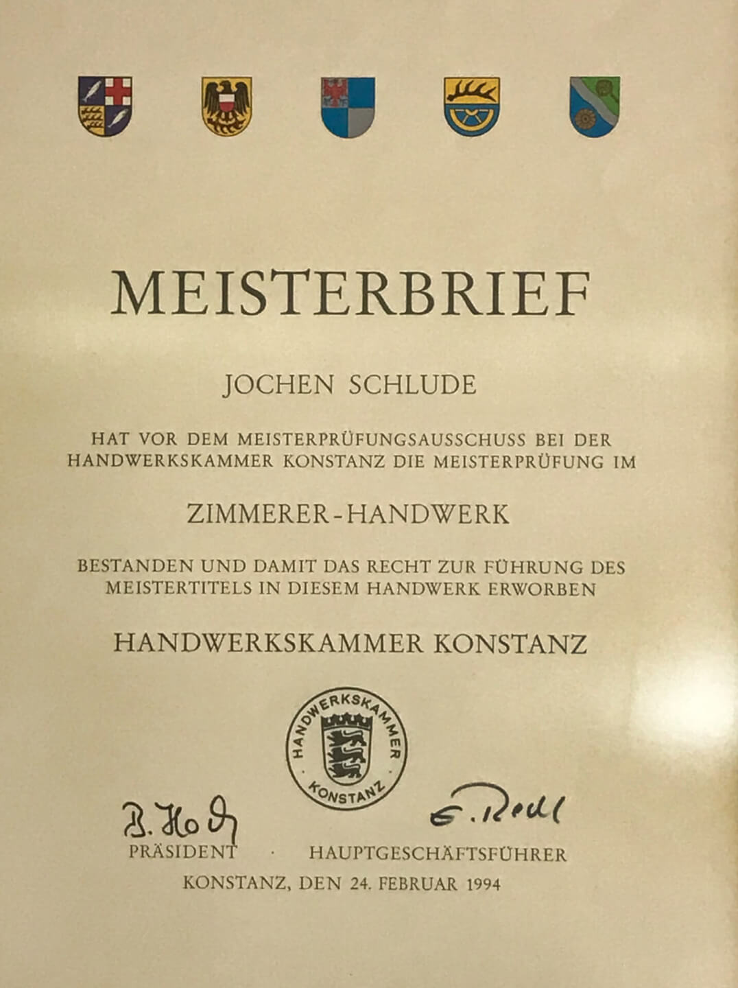 Meisterbrief Jochen Schlude