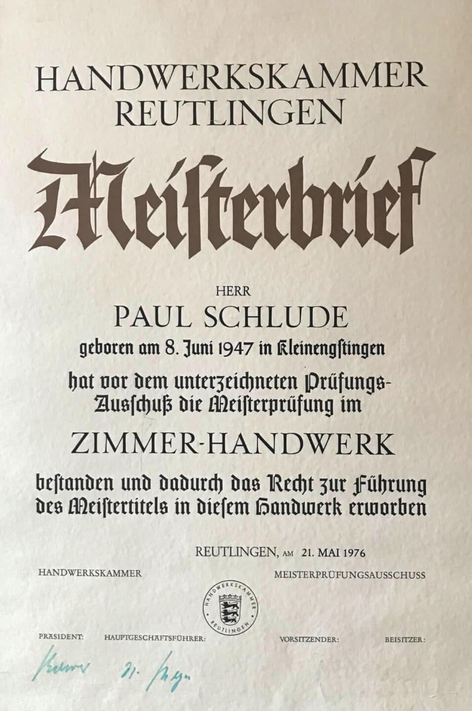 Meisterbrief Paul Schlude und Neuausrichtung zur Zimmerei